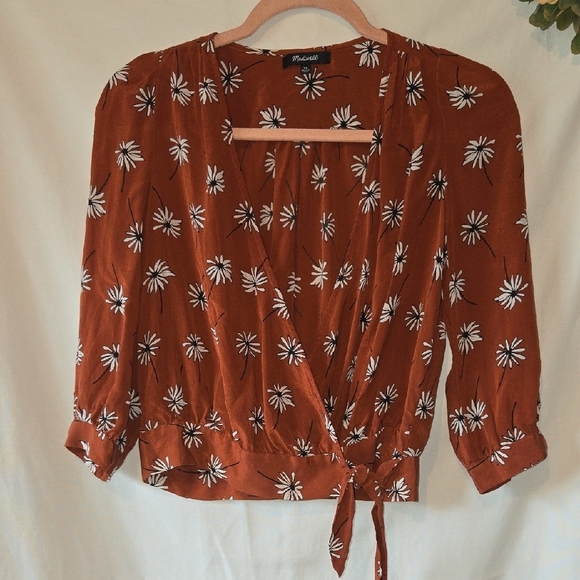 Madewell Size XS Silk Orange Wrap Tie Front Blouse 3/4 Sleeve - Picture 1 of 8